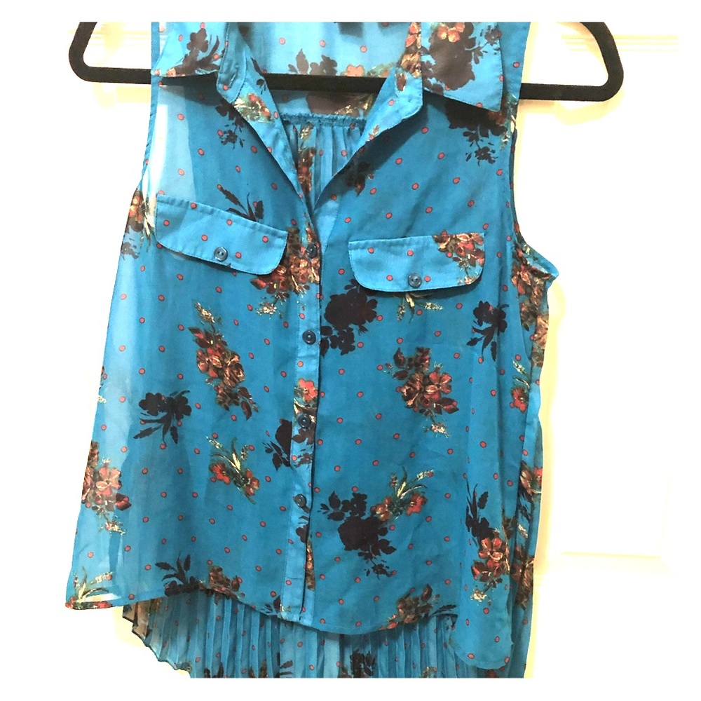 Teal turquoise floral sheer button front blouse SM